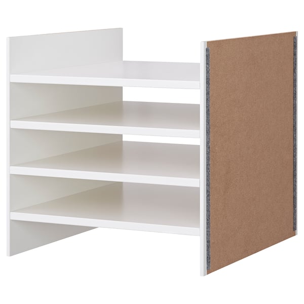 A white KALLAX shelving unit with four shelves and a corkboard side.