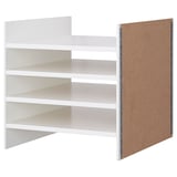 A white KALLAX shelving unit with four shelves and a corkboard side.
