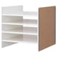 A white KALLAX shelving unit with four shelves and a corkboard side.