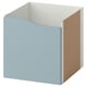 KALLAX blue storage bin, light wooden back, square shape, open top, light blue front panel.