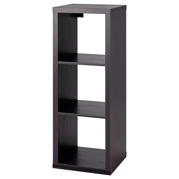 Ikea KALLAX black cube shelf: modern, modular, 3-tiered, standing dark wood design.