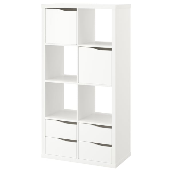 Displays a white KALLAX shelving unit with open compartments and drawers. Its versatile and modern, perfect for storage and organization.