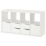 KALLAX white shelf unit: 6 cubes, 3 with drawers, modern design.