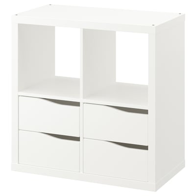 White KALLAX cube shelf, 4 compartments, 2 drawers, minimalist design.