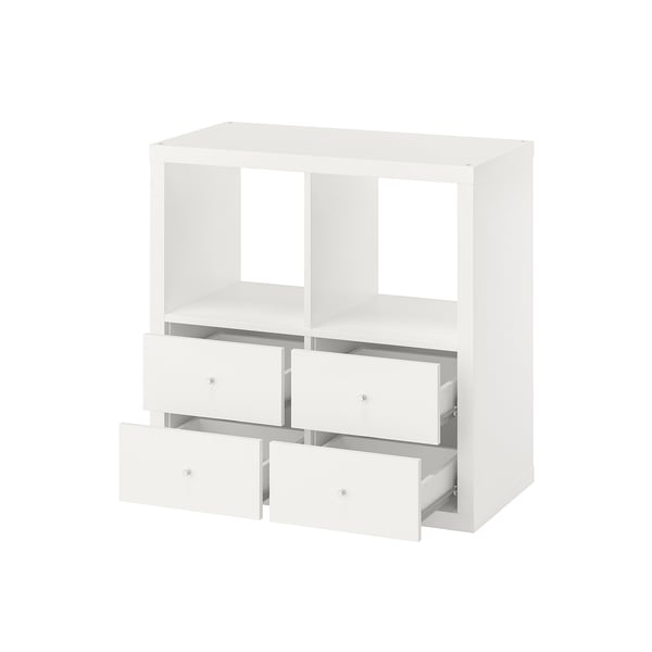 A white KALLAX storage unit with shelves and drawers, ideal for organising.