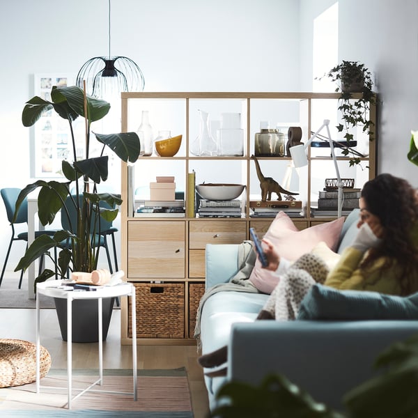 Modern living room with light blue couch, person reading, plant, KALLAX shelf, window light.