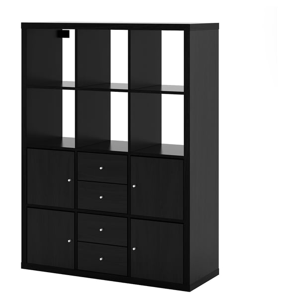 Black KALLAX shelf unit, modern, rectangular design. Four bottom drawers, six open shelves.