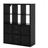 Black KALLAX shelf unit, modern, rectangular design. Four bottom drawers, six open shelves.