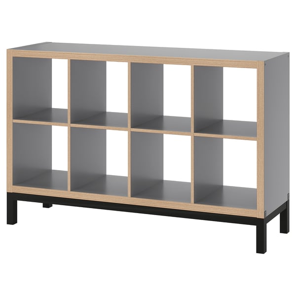 KALLAX grey shelf, rectangular, wooden & metal, 3x3 grid, minimalist design.