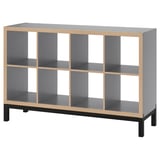 KALLAX grey shelf, rectangular, wooden & metal, 3x3 grid, minimalist design.