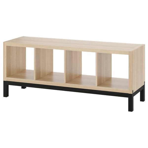 KALLAX light oak shelf, rectangular, 3 open sections, black metal base.