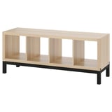 KALLAX light oak shelf, rectangular, 3 open sections, black metal base.