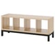 Option: KALLAX light oak shelf, rectangular, 3 open sections, black metal base.