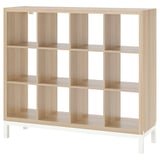 KALLAX light oak bookshelf, 12 cubicles, particleboard and steel, 4 white legs, airy design.