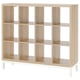 Option: KALLAX light oak bookshelf, 12 cubicles, particleboard and steel, 4 white legs, airy design.