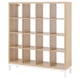 Option: A KALLAX wooden bookshelf in light finish with white legs, featuring a grid of square compartments.