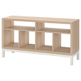KALLAX tv bench: light wood, modern design, open shelves, white legs.