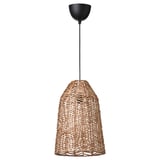 A KAPPELAND pendant lamp with a handwoven natural rattan shade in a beige color, featuring a herringbone pattern and a black ceiling cup.