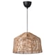 The KAPPELAND pendant lamp with a natural rattan shade woven in a herringbone pattern and a black ceiling cup.