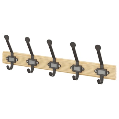 KARTOTEK coat rack with black hooks, wooden board, and removable labels.