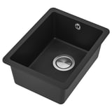 Black KILSVIKEN quartz sink, single bowl, modern design with stainless drain.