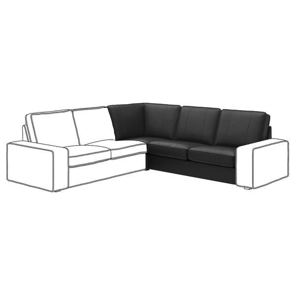 Black l-shaped KIVIK sofa with white accents, deep seat, smooth leather, sleek modern design.