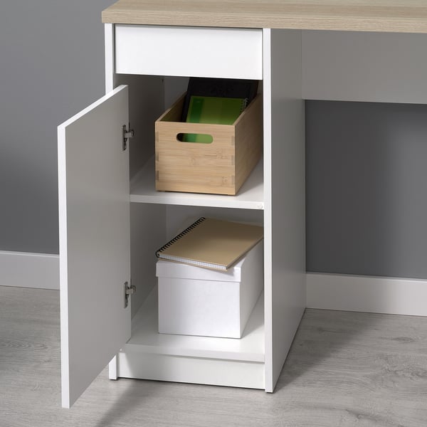 Open white desk with shelves, showing a wooden box with green liner and a binder on the bottom shelf.
