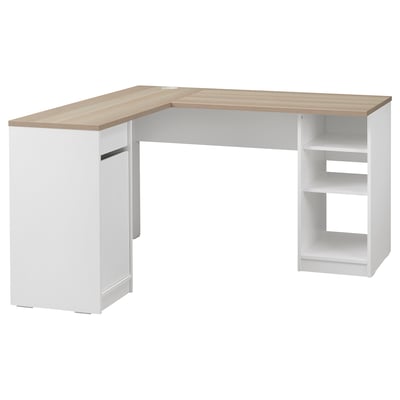 KJELLARNE desk, white, l-shape, wooden top, adjustable shelves, drawer.