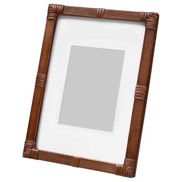 KLIBBAL brown wooden picture frame, rectangular, with rattan accents and protective front.