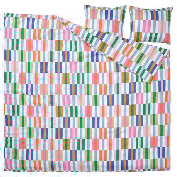 Multicolored striped bedding set with duvet & pillowcases - polyester & viscose.