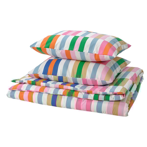 Striped bed set with pink, blue, green, and orange stripes. Includes duvet cover and pillowcases.