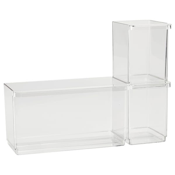 Two clear acrylic storage boxes, rectangular and square, stacked neatly. Modern design for fridge organization.