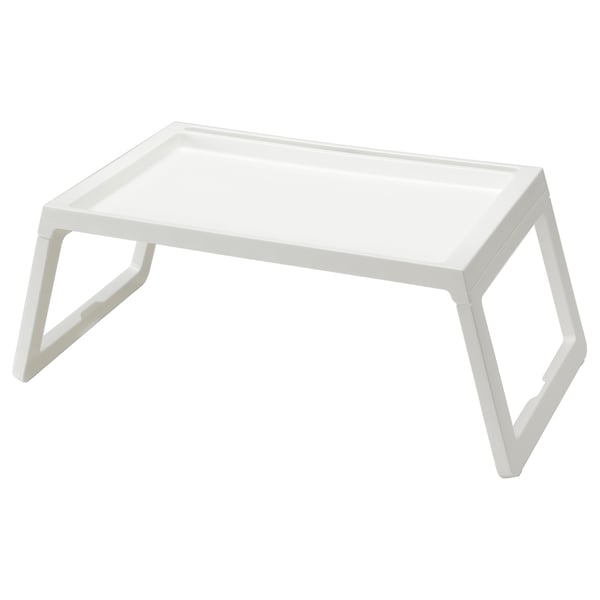 KLIPSK white plastic folding bed tray, rectangular shape, modern design.