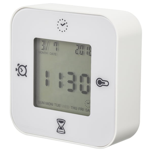 Square KLOCKIS multi-function clock with time, date, alarm, and timer.