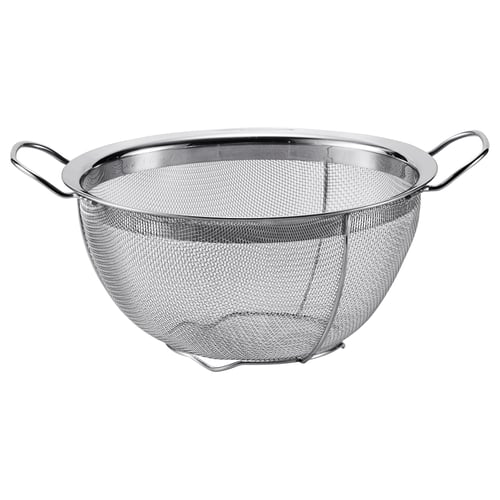 Stainless steel KLOCKREN colander with sturdy handles for easy rinsing and draining.