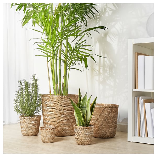 Four woven bamboo plant pots in varying sizes with green plants inside, displayed on a light wooden floor in a bright room.