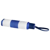 KNALLA blue & white striped umbrella with recycled fabric, compact, white handle, blue tip, and wrist strap.