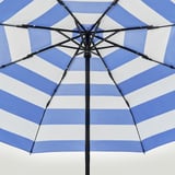 Blue and white striped umbrella open, showcasing sturdy black metal frame and handles, striped pattern neatly aligned.