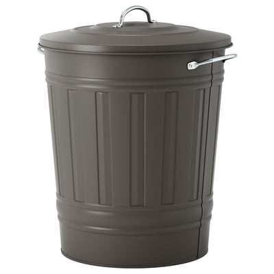 A KNODD grey metal bin with vertical grooves. It has a lid with a handle and a hook for hanging.