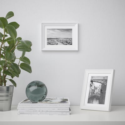 A styled shelf holds a plant, decorative sphere, and two photo frames, one with a canal image, another with a landscape, against a light wall.
