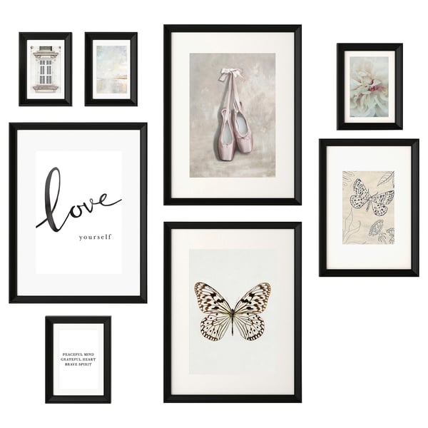 Eight black-framed pictures arranged in a gallery wall layout. Topics include ballet, butterflies, and inspirational quotes.