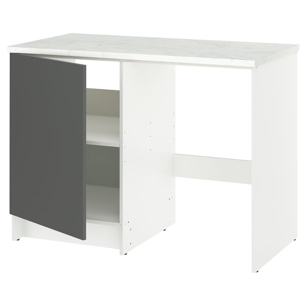KNOXHULT white base kitchen unit with gray door, marble effect top. Modern, rectangular, open storage design.