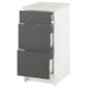 Option: KNOXHULT white base cabinet with 3 dark grey drawers, marble top; modern, organized kitchen storage.