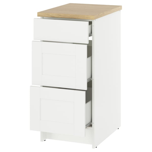 KNOXHULT white kitchen unit with 3 drawers, oak top, sleek modern design.