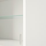 Glass-fronted wall cabinet with smooth, handle-free design for modern aesthetic.
