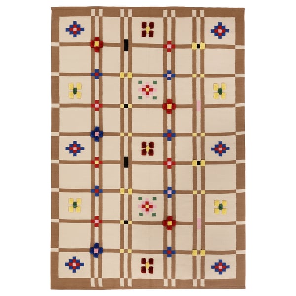 Knyiharven rug, beige-brown, rectangular, grid pattern with colorful blocks, woven wool, cotton.