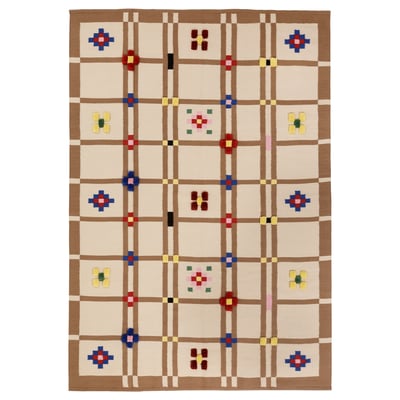 Knyiharven rug, beige-brown, rectangular, grid pattern with colorful blocks, woven wool, cotton.