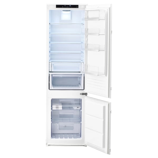 Open white fridge-freezer with adjustable shelves, led lights, and digital controls.