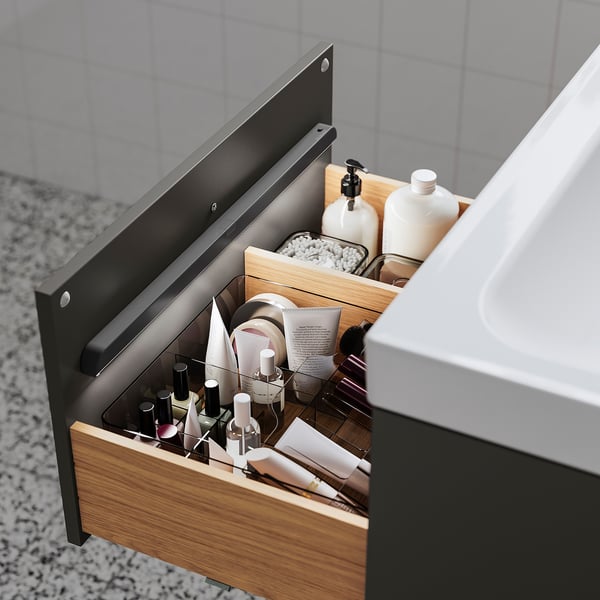 Drawer with organized cosmetics and toiletries