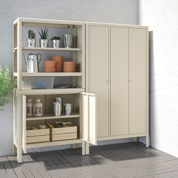 Beige KOLBJÖRN storage unit with shelves, cabinets & hanging rail. Powder-coated steel, indoor/outdoor use, stable feet.